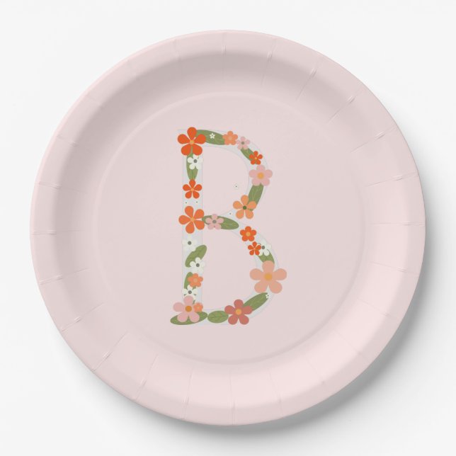 Floral Alphabet letter "B" Custom monogram Paper P Paper Plate (Front)
