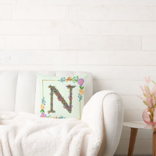 Floral Alphabet Letter N Cushion