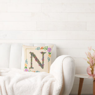 Floral Alphabet Letter N Cushion
