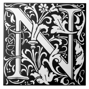 Floral Alphabet Monogram Letter N Tile