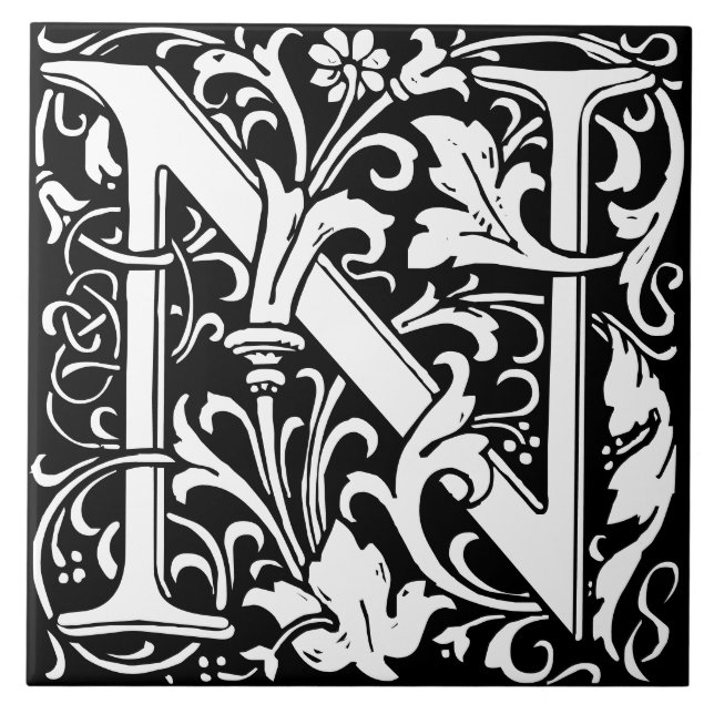 Floral Alphabet Monogram Letter N  Tile (Front)