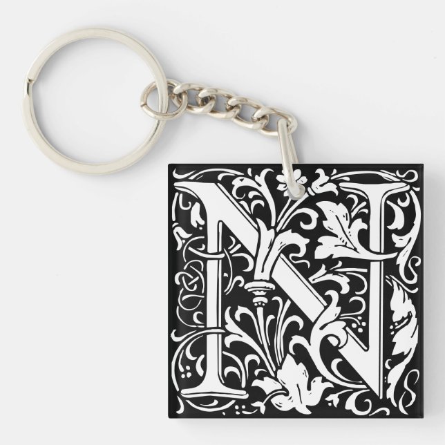 Floral Alphabet Monogram Letter N Tile Morris Key Ring (Front)