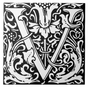 Floral Alphabet Monogram Letter V Tile