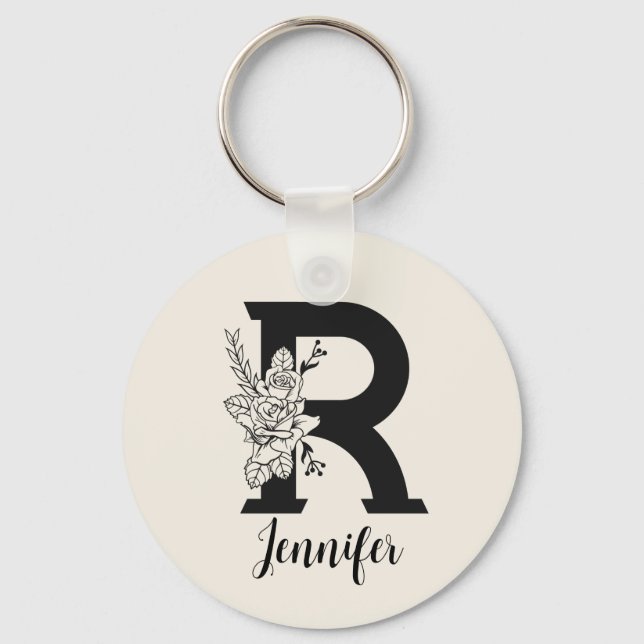 Floral Alphabet R Black and White Key Ring (Front)