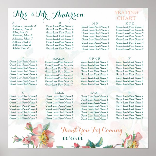 Floral Alphabetical seating chart (Front)