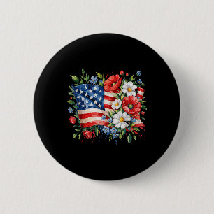 Floral American Flag Flowers 4th Of July Patriotic 6 Cm Round Badge