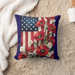 Floral American Flag Throw Pillow