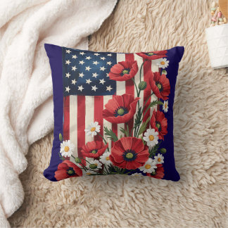 Floral American Flag Throw Pillow