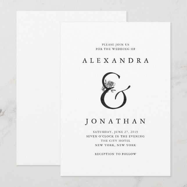 Floral Ampersand | Black and White Wedding Invitation (Front/Back)