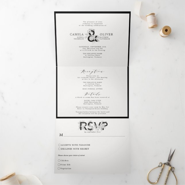 Floral Ampersand Black & White All in one Wedding Tri-Fold Invitation (Inside)
