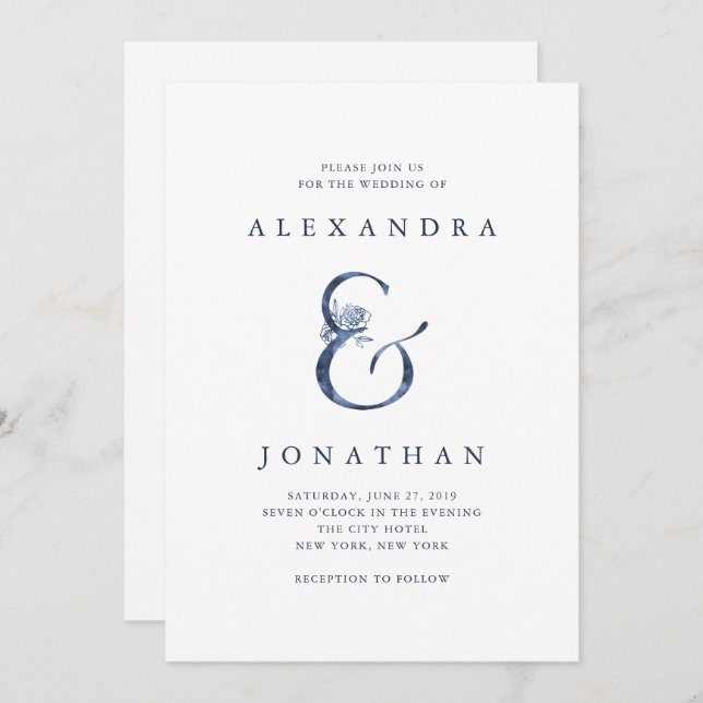 Floral Ampersand | Blue Watercolor Wedding Invitation (Front/Back)