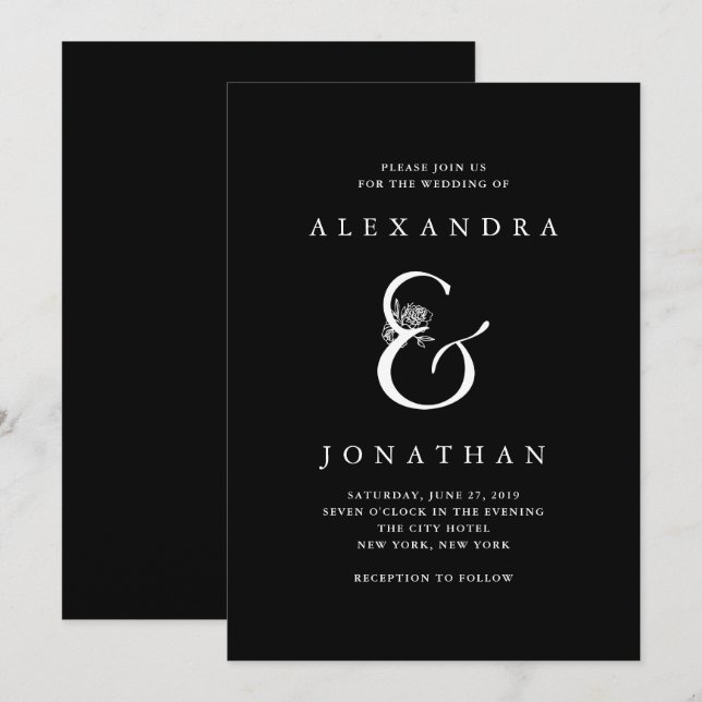 Floral Ampersand | Dramatic Black Wedding Invitation (Front/Back)