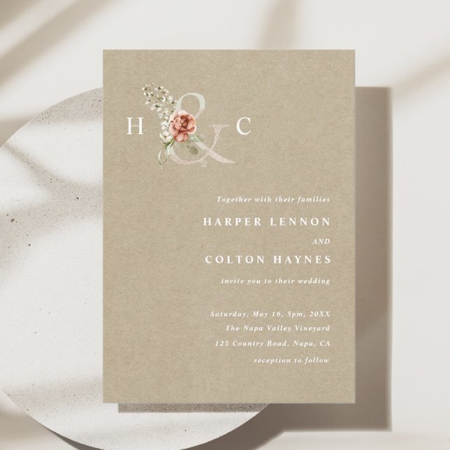 Floral Ampersand Elegant Watercolor Wedding Kraft Invitation (Creator Uploaded)