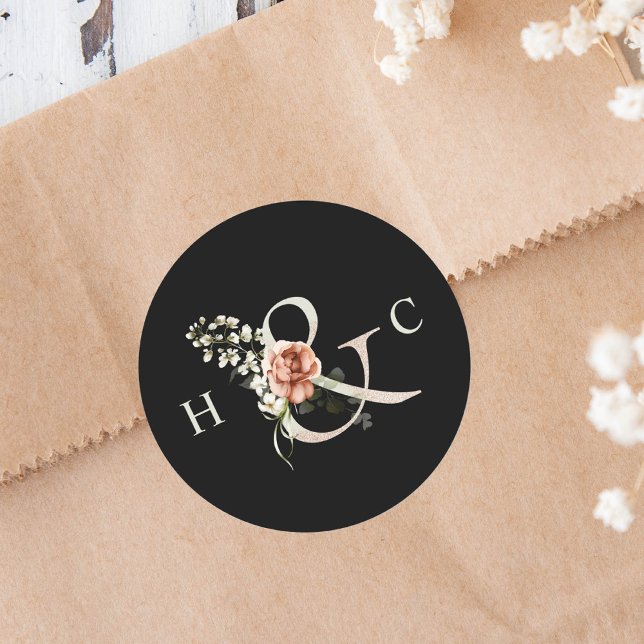 Floral Ampersand Elegant Wedding Monogram Black Classic Round Sticker (Creator Uploaded)