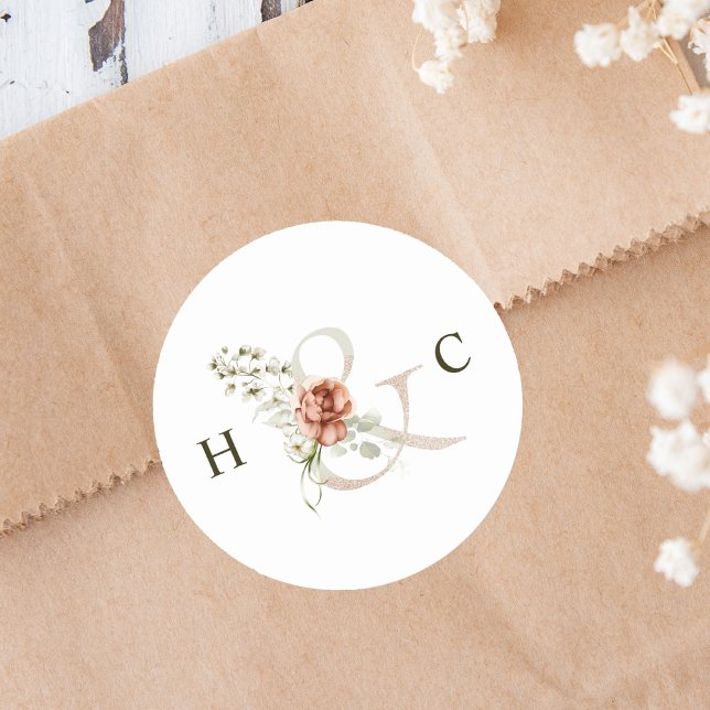 Floral Ampersand Elegant Wedding Monogram Classic Round Sticker (Creator Uploaded)