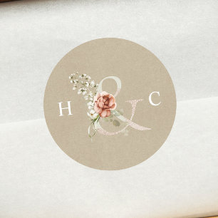 Floral Ampersand Elegant Wedding Monogram Kraft Classic Round Sticker