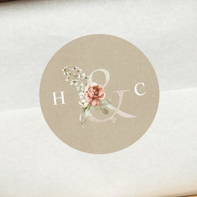 Floral Ampersand Elegant Wedding Monogram Kraft Classic Round Sticker (Creator Uploaded)
