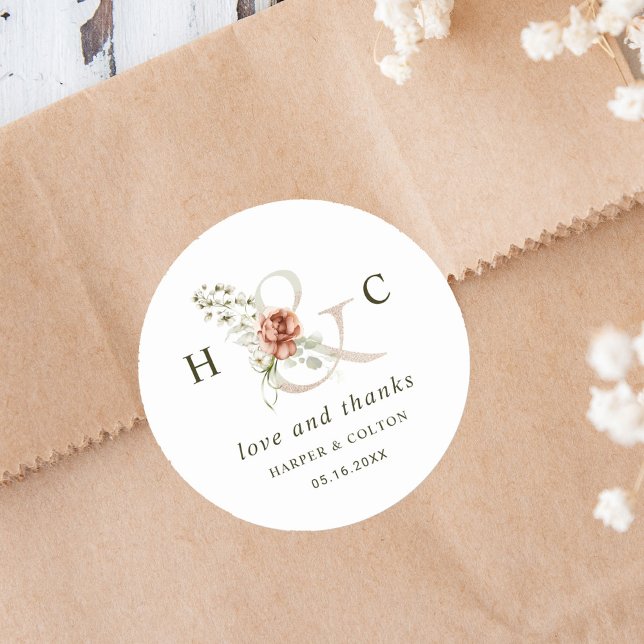 Floral Ampersand Elegant Wedding Thank You Classic Round Sticker (Creator Uploaded)