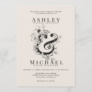 FLORAL AMPERSAND Hand Drawn Blush Wedding Invitation