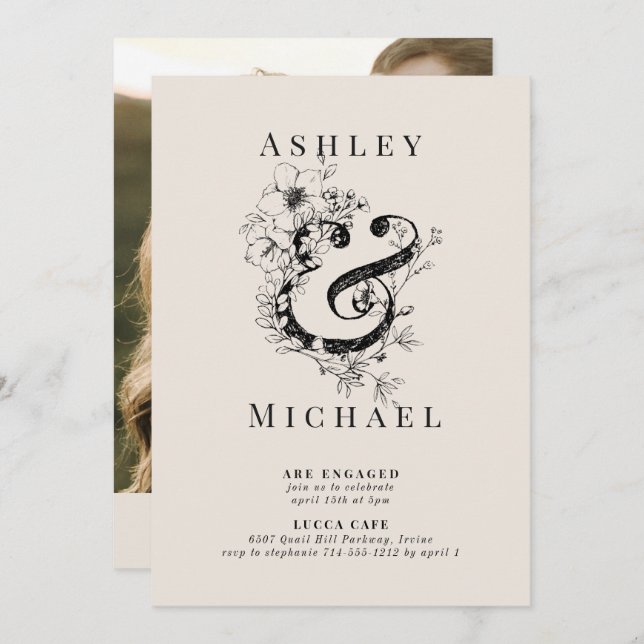 Floral Ampersand QR Code Blush Photo Engagement Invitation (Front/Back)