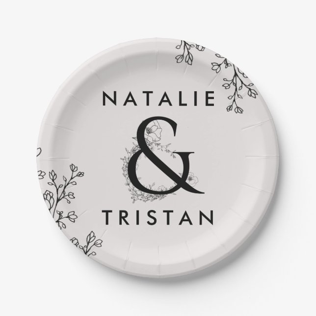 Floral Ampersand Wedding Cake Paper Plate (Front)