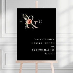 Floral Ampersand Wedding Welcome Black Sign