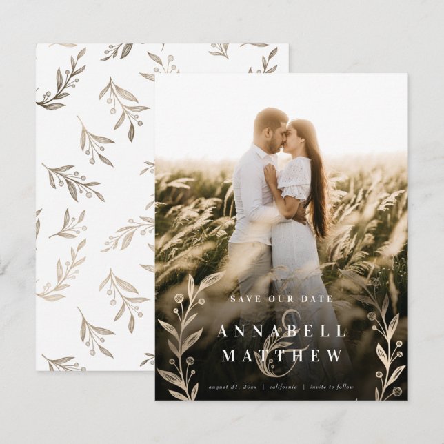 Floral Ampersand Wreath Champagne Foil Full Photo Save The Date (Front/Back)