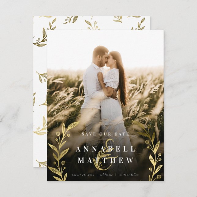 Floral Ampersand & Wreath in Gold Foil Full Photo Save The Date (Front/Back)