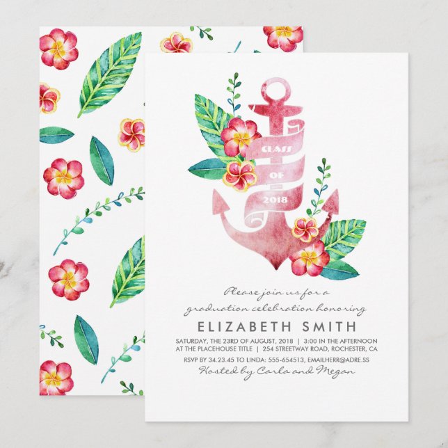 Floral Anchor - Beach Nautical Graduation Invitation (Front/Back)