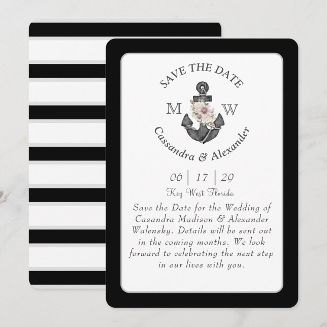 Floral Anchor Black White Grey Nautical Wedding  Invitation (Front/Back)