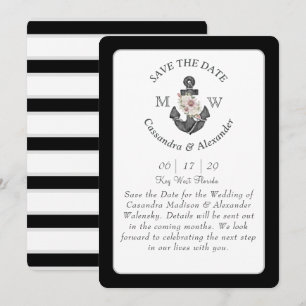 Floral Anchor Black White Grey Nautical Wedding  Invitation