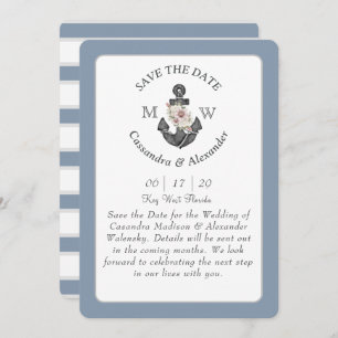 Floral Anchor Dusty Blue White Nautical Wedding  Invitation