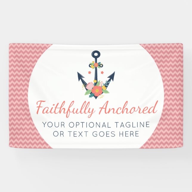 Floral Anchor Nautical Faith Navy & Coral Chevron Banner (Horizontal)