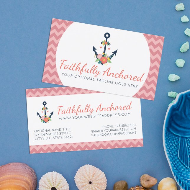 Floral Anchor Nautical Faith Navy & Coral Chevron Business Card (Creator Uploaded)