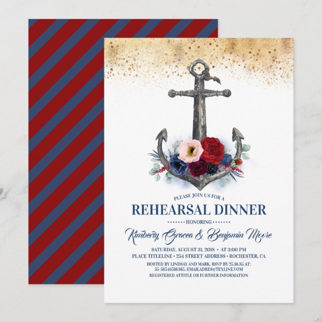 Floral Anchor Nautical Rehearsal Dinner Invitation (Front/Back)