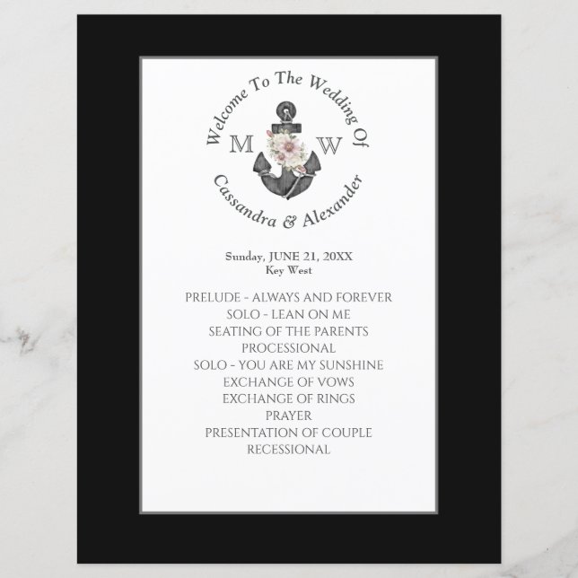 Floral Anchor Nautical Wedding Black White Program (Front)