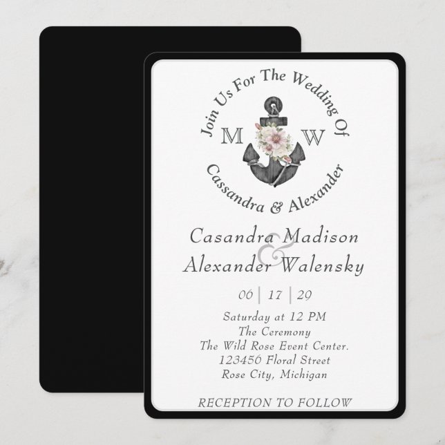 Floral Anchor Nautical Wedding Black White Stripe Invitation (Front/Back)