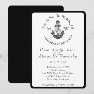 Floral Anchor Nautical Wedding Black White Stripe Invitation