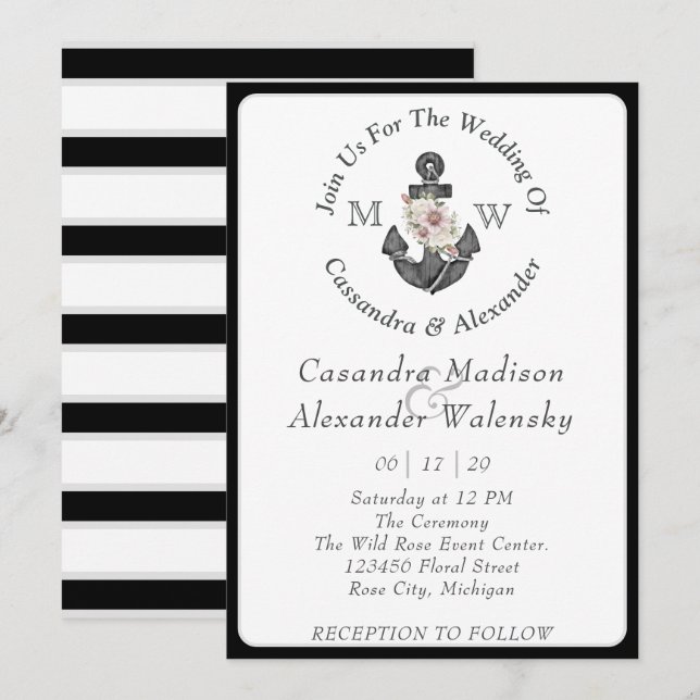 Floral Anchor Nautical Wedding Black White Stripe Invitation (Front/Back)
