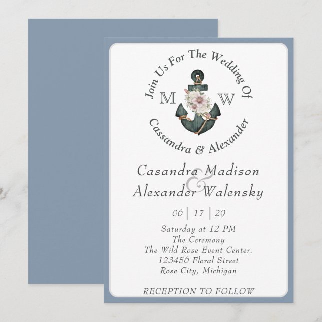 Floral Anchor Nautical Wedding Dusty Blue  Invitation (Front/Back)