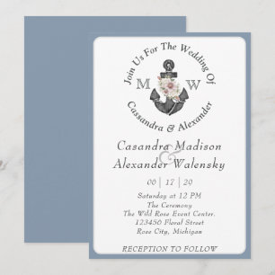 Floral Anchor Nautical Wedding Dusty Blue Invitation