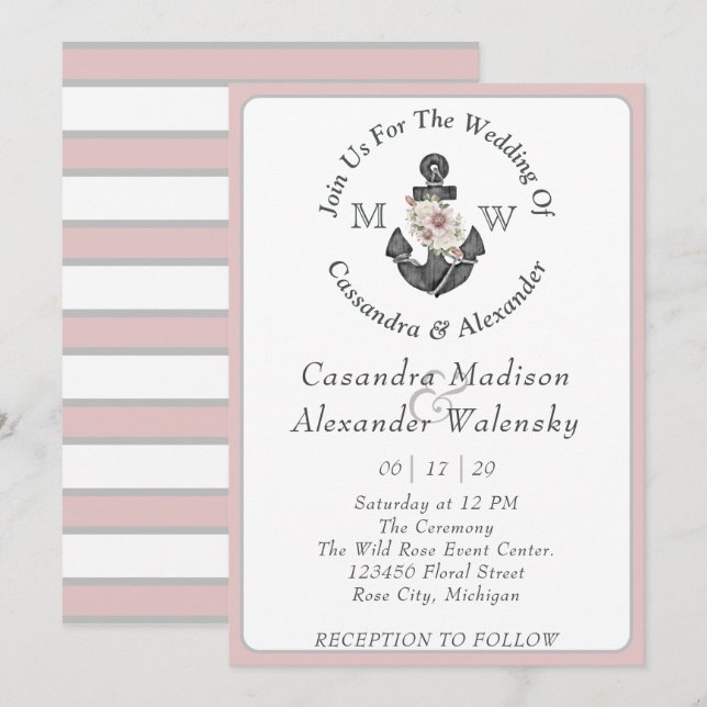 Floral Anchor Nautical Wedding Dusty Rose Striped Invitation (Front/Back)