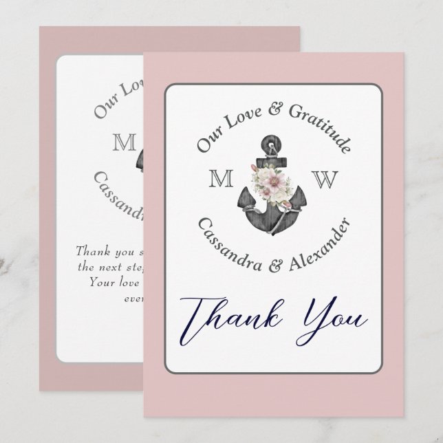 Floral Anchor Nautical Wedding Dusty Rose Thank You Card (Front/Back)