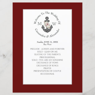 Floral Anchor Nautical Wedding Maroon Red Program