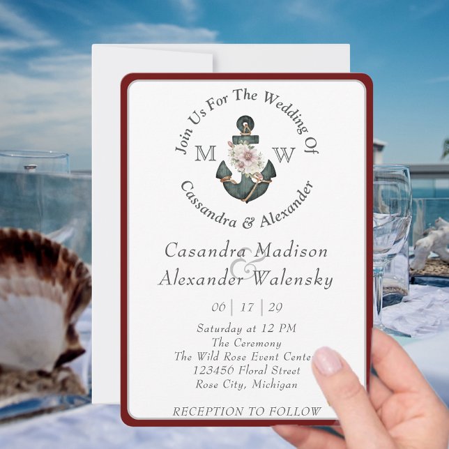Floral Anchor Nautical Wedding Maroon Red Stripe Invitation (Creator Uploaded)