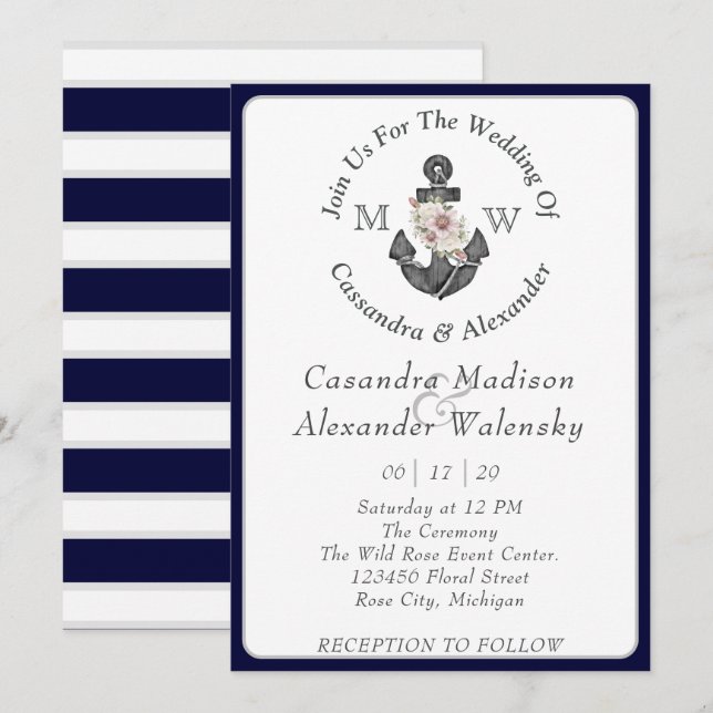 Floral Anchor Nautical Wedding Navy Blue Stripe Invitation (Front/Back)