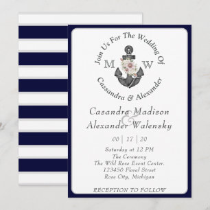 Floral Anchor Nautical Wedding Navy Blue Stripe Invitation