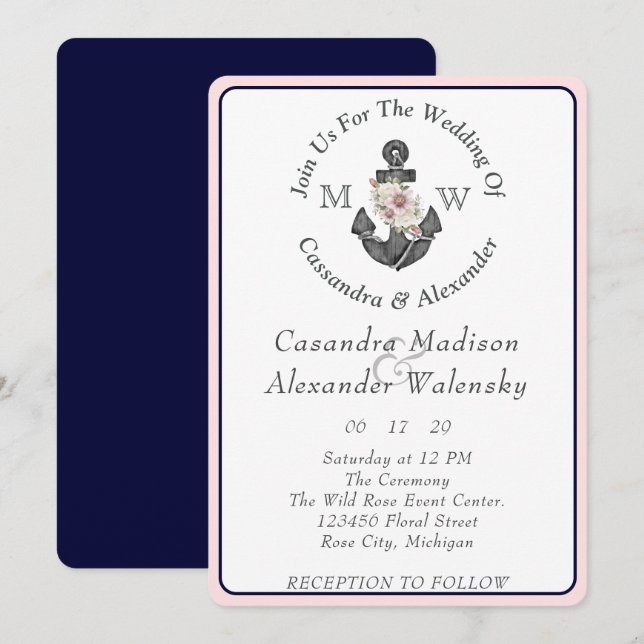  Floral Anchor Nautical Wedding Pink Navy Blue Invitation (Front/Back)