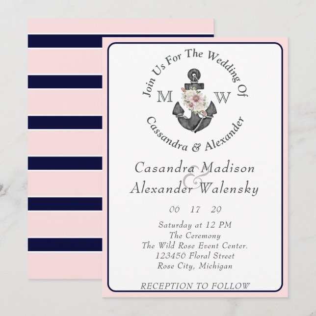  Floral Anchor Nautical Wedding Pink Navy Blue Invitation (Front/Back)