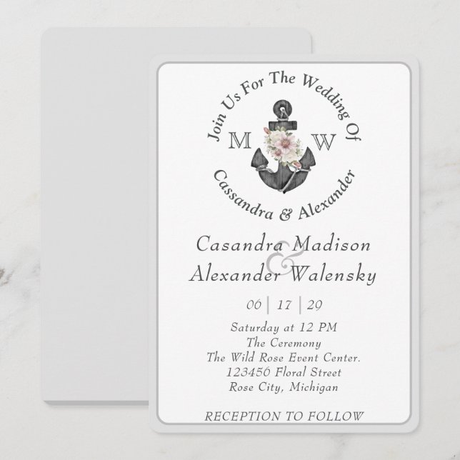 Floral Anchor Nautical Wedding Silver Grey Stripe Invitation (Front/Back)